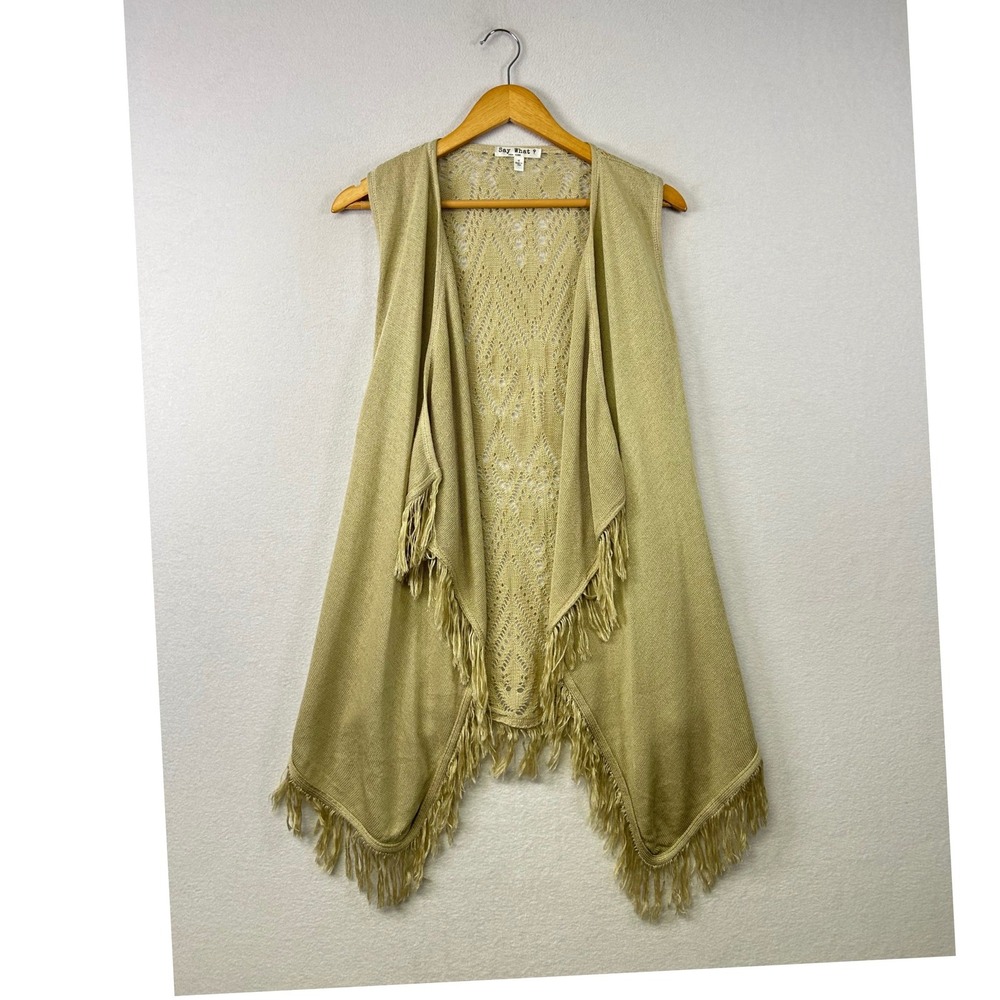 Boho Knit Vest Women Medium Beige Fringe Crochet Waterfall